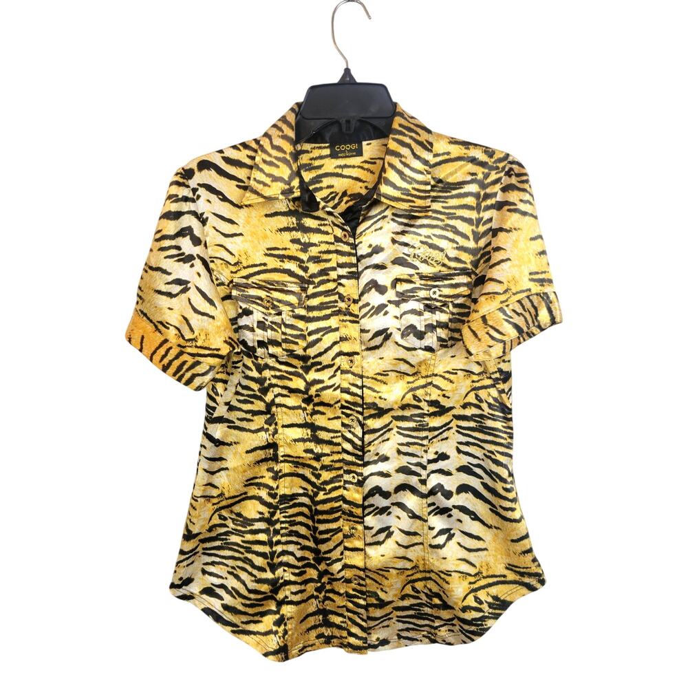 COOGI Gold Short Sleeve Top‎ Women's Size Large Tiger Print Button Front Pockets